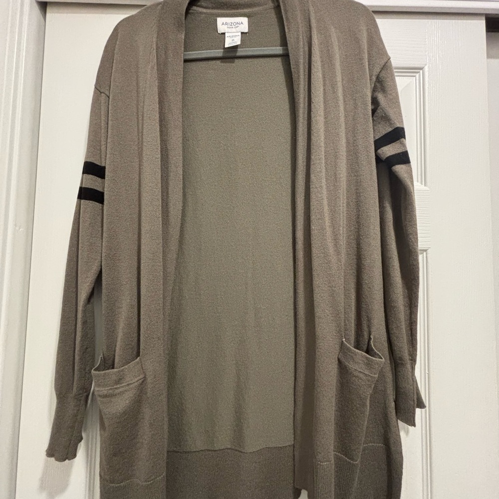 Arizona Jean Company Women's Cardigan in Taupe with Black Stripes